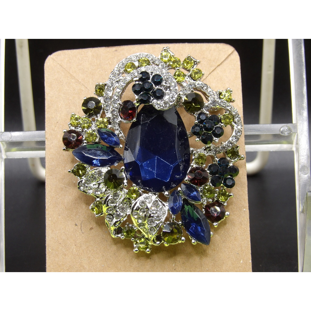 Women's Vintage Crystal rhinestone brooch pin, Blue Green Silver